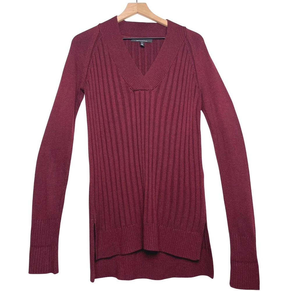 White House Black Market Burgundy Ribbed V Neck Long Sleeve Sweater Top Size S